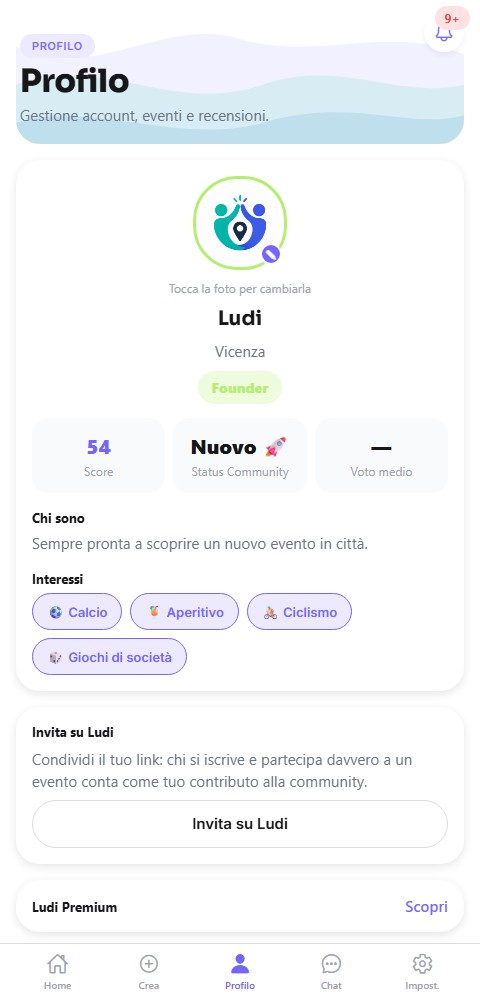 Profilo utente nell'app Ludi, con punteggio di fiducia e interessi